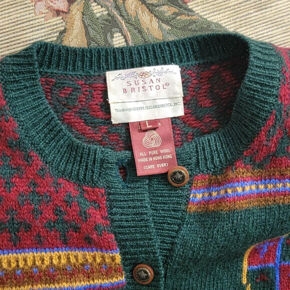 Vintage Susan Bristol Sweater Vest Womens L Green Red Fair Isle Pure Wool 1989 - Picture 9 of 11